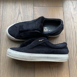 Ferragano black fur slip on sneakers